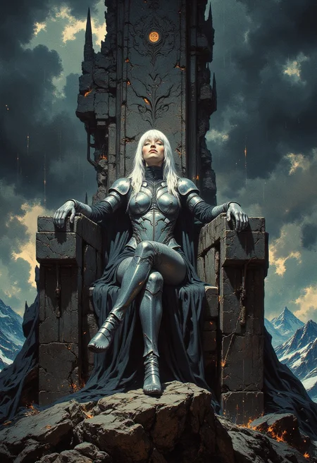 (digital artwork, hyper realistic, rough textures:1.2), nistyle.
front view of a tall and slender woman in a chair. her body slumped slightly into the chair, her head tilts to the side, propped up with one hand. her fingers lazily trace patters on the armrest while her open eyes stare into the distance. 
heavy and unyielding, this weathered chair is carved directly from a single block of stone, its contours stiff and unforgiving. the towering back casts a long shadow, its upper edge jagged and slightly asymmetrical. it appears brutal and ominous with ornaments of alien origin, otherworldly and evil, decorating it. 
the woman has long white hair, styled as middle parting, and wears a tight neoprene body suit enhanced with pauldrons, vambraces, and greaves plates, made of polished silver. they are shaped with a slight curve, to deflect blows, subtle ridges run along the surfaces, adding strength and structure lightweight plates.
the scene is placed on top of a mountain, set against a dark cloudy stormy sky.
the woman radiates in an ethereal glow while the scene overall is dim and lit by cold dramatic light, soft shadows enhance the ominous atmosphere of the harsh environment.