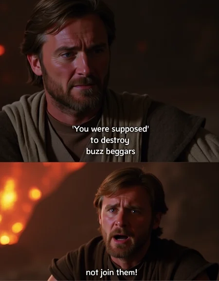 Obi_Wan in a vulcanic setting, short hair and beard, lava bursting in the background, realistic movie quality, on top image he has a sad expression, on bottom image he is shouting, There is text at the top "You were supposed to destroy buzz beggars," and text at the bottom "not join them!"