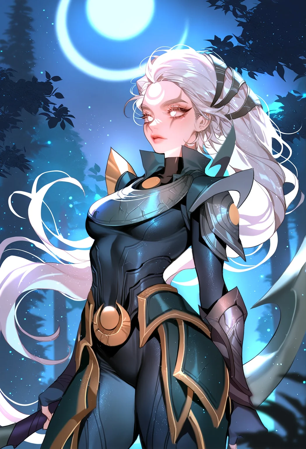 masterpiece, zuizi, 1girl, diana \(league of legends\), league of legends, solo, crescent facial mark,forehead mark, nose, facial mark, nose,white eyes,long hair, white hair, lips, bodysuit, armor, spikes, sythe, diana's sytche, cowboy shot, holding sythe, outdoors, forest, night, scenery,