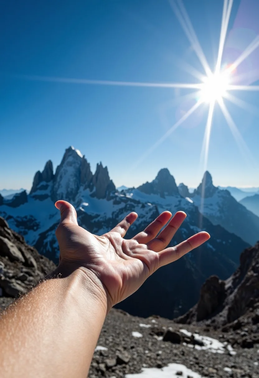 Hand outstretched, fingers spread, palm facing sunlight, male arm, fair-skinned, visible forearm hair, blue sky, bright sun with lens flare, jagged snow-covered mountains in background, glacial ice, rocky terrain, outdoor high-altitude setting, natural photo, no visible text or signage, soft focus on mountains, sharp focus on hand, mid-morning lighting, intense natural sunlight, clear sky, slightly cold temperature indications, landscape viewpoint, atmospheric haze visible., 