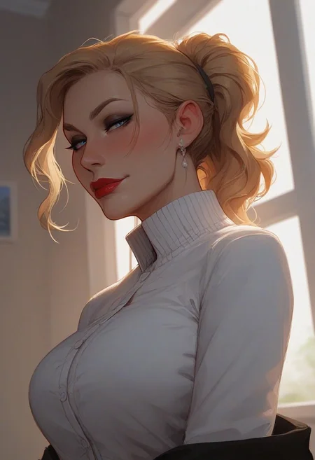 score_9, score_8_up, score_7_up, score_6_up, 1girl, pale skin, milf, mature woman, hair swept back, high ponytail hairstyle, blonde hair, eyeliner, half-closed eyes, white button-up business shirt, high collar, medium perky breasts, white bedroom background, warm sunlight through window, depth of field, blurry background, blush, hot red lipstick, blue eyes, sexy smirk, black eyeshadow, gradient eyes, mid shot, slight low angle