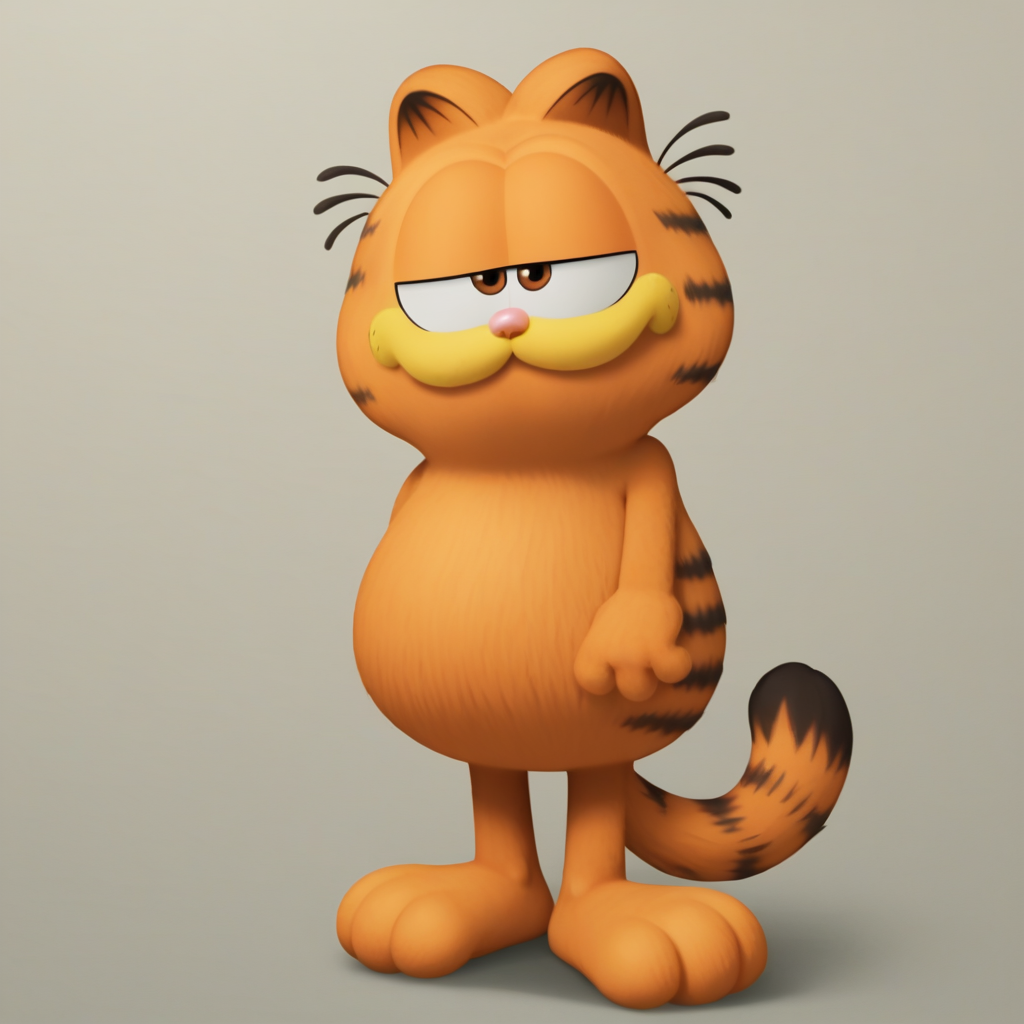 score_7_up, BREAK,  no humans, Garfield, solo, brown eyes, orange fur, cat ears,   <lora:Garfield_XL_Leaf1v2:1>, full body, standing,