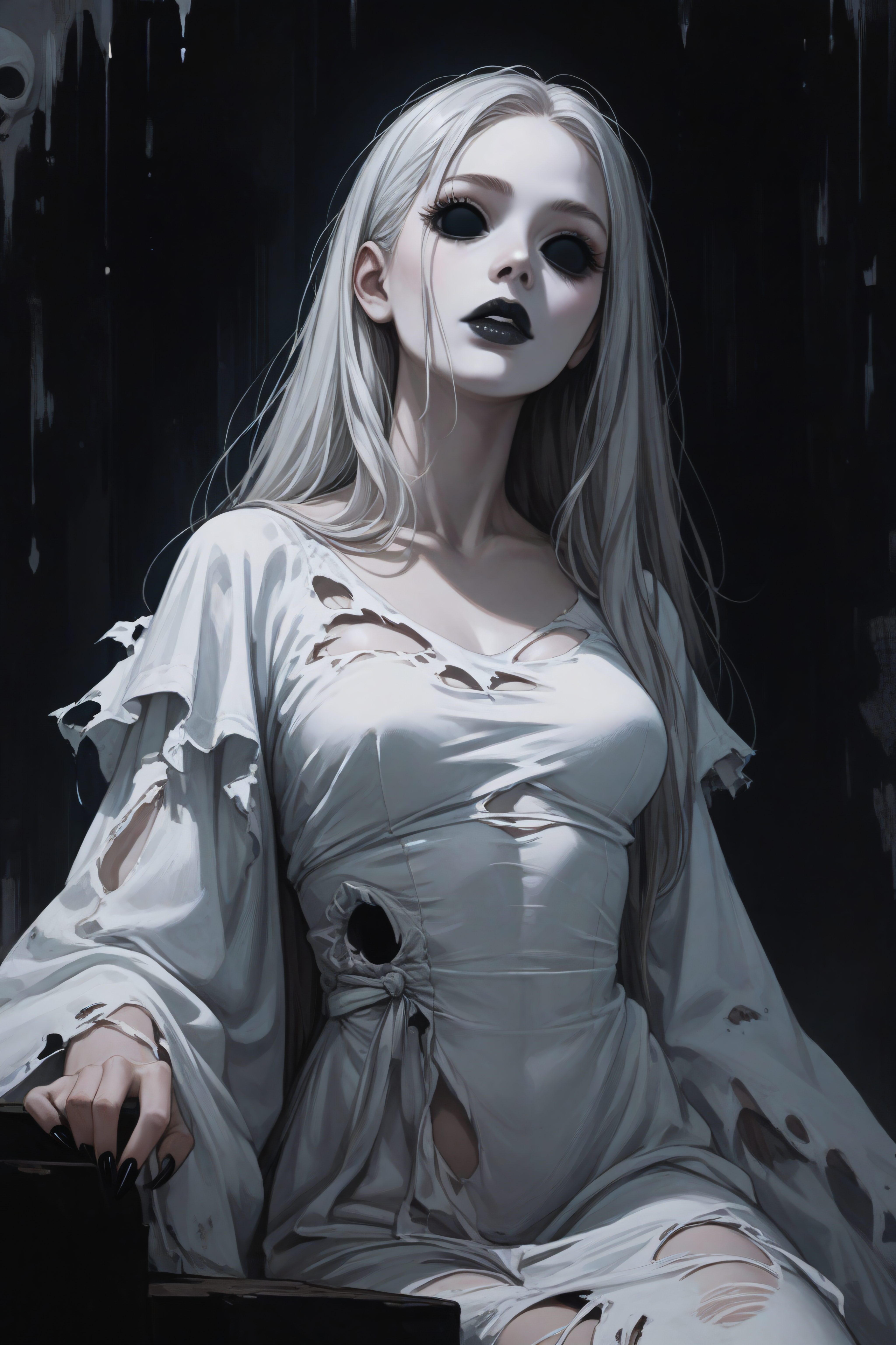 score_9, score_8_up, score_7_up, score_6_up, score_5_up, score_4_up, <lora:Banshee-PonyXL-lora-Faxtron:1> banshee, 1girl, blank eyes, long hair, medium breasts, pale skin, black lips, long fingernails, black fingernails, white dress, long sleeves, wide sleeves, torn clothes, horror \(theme\),