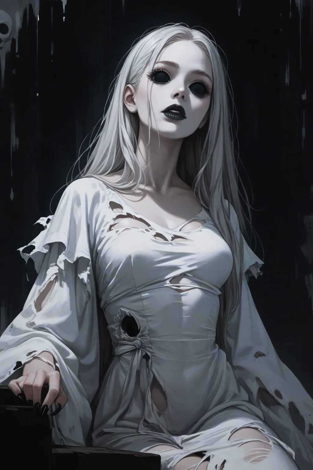 score_9, score_8_up, score_7_up, score_6_up, score_5_up, score_4_up, <lora:Banshee-PonyXL-lora-Faxtron:1> banshee, 1girl, blank eyes, long hair, medium breasts, pale skin, black lips, long fingernails, black fingernails, white dress, long sleeves, wide sleeves, torn clothes, horror \(theme\),