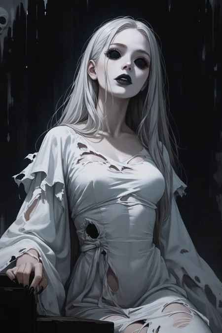 score_9, score_8_up, score_7_up, score_6_up, score_5_up, score_4_up, <lora:Banshee-PonyXL-lora-Faxtron:1> banshee, 1girl, blank eyes, long hair, medium breasts, pale skin, black lips, long fingernails, black fingernails, white dress, long sleeves, wide sleeves, torn clothes, horror \(theme\),