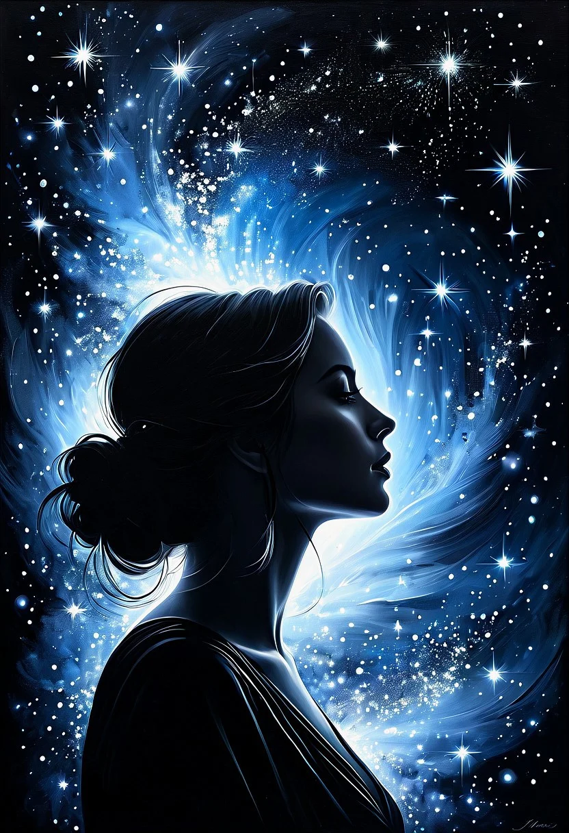 A captivating monochromatic painting depicting a female silhouette's profile, set against a breathtaking backdrop of twinkling stars and celestial lights. The silhouette exudes an ethereal aura, surrounded by a burst of radiant, sparkling particles that add to the celestial atmosphere. The stark contrast between the dark silhouette and the brightly shining lights and particles creates a visually stunning and vibrant scene, evoking a sense of wonder and mystique., painting, vibrant, style-sylvamagic