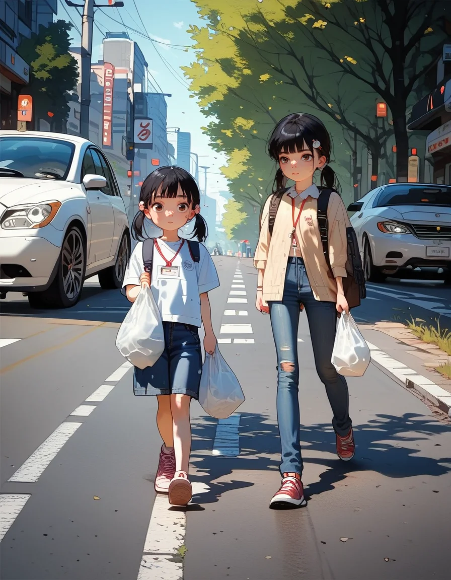 score_9, score_8_up, score_7_up, score_6_up, score_5_up, score_4_up, source_anime, 1girl, solo, 18yo, (slim face:1.5), (bangs:1.2), skinny, thin body, wide hips, thin thighs,
<lora:Expressive_H:1><lora:Kenva:0.8> <lora:naipf:0.6>
backpack, bag, motor vehicle, multiple girls, 2girls, black hair, road, sneakers, outdoors, shoes, pants, randoseru, skirt, tree, hair ornament, street, shirt, child, jeans, plastic bag, twintails, denim, walking, lanyard