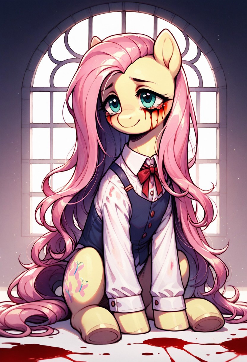 core_9, score_8_up, score_7_up, score_5_up,  score_anime, ((masterpiece)), ((best quality)), (high detail), (ultra detail), Fluttershy, pony, clouse-up face, smile, (Bloody tears), half-closed eyes, olorful blood, pastel style, dark gloomy background, sitting, perfect body proportions, bloody clothes, sitting by the window, flowing mane, cinematic lighting, detailed shading,ng, painterly brush strokes,
