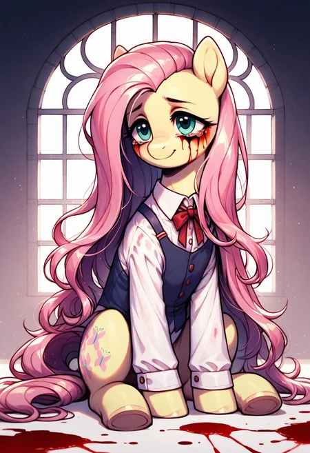 core_9, score_8_up, score_7_up, score_5_up, score_anime, ((masterpiece)), ((best quality)), (high detail), (ultra detail), Fluttershy, pony, clouse-up face, smile, (Bloody tears), half-closed eyes, olorful blood, pastel style, dark gloomy background, sitting, perfect body proportions, bloody clothes, sitting by the window, flowing mane, cinematic lighting, detailed shading,ng, painterly brush strokes,