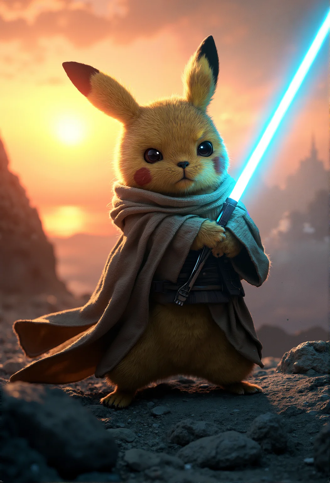 photorealistic Pikachu cosplaying as Luke Skywalker, wearing detailed Jedi robes, standing on a rocky hilltop at dawn, holding a blue lightsaber with both paws, sunrise casting dramatic golden light, ultra-high-definition textures, detailed fur illuminated by the early morning light, focused and determined expression, epic cinematic composition, glowing lightsaber with realistic lighting effects, intricate fabric details on the Jedi robes, soft glowing sun, high contrast shadows, photorealistic fur, atmospheric depth, warm orange and pink hues in the sky, detailed rock textures














