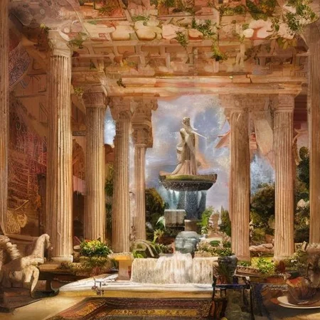 (masterpiece:1.2), (best quality,:1.2), 8k, HDR, ultra detailed, ((photorealistic)), professional light, cinematic lighting, fashion photography, ambient lighting, face lighting, <lora:detail_slider_v4:1>, Fantasy picture, OverallDetail, large ancient roman with a fountain and one statue in the center, RomInt, <lora:RomanInterior-10:1>, epiCPhoto