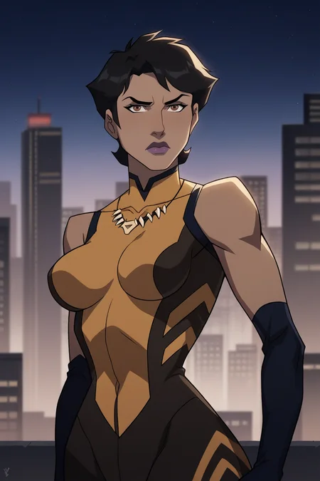 <lora:vixen v2 xl_epoch_10:1> black hair, brown eyes, short hair, dark-skinned female, lipstick, purple lips, large breasts, (vx_hero, tooth necklace, turtleneck, elbow gloves, yellow bodysuit, bare shoulders, skin tight, superhero, sleeveless, impossible clothes, leotard, unitard), (serious, looking at viewer), (city, night),, score_9, score_8_up, score_7_up, score_6_up, 16k, masterpiece, absurdes, highly detailed, highres, high quality, best quality