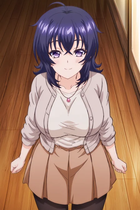 anime screencap, anime coloring, detailed face, masterpiece, best quality, very aesthetic, absurdres, volumetric lighting, official style, amazing quality, ultra detailed, highres, amazing quality, scenery, beautiful detailed hair, beautiful detailed eyes, <lora:StS-Illustrious-Detail-Slider-v1.0:4>
<lora:Touka_Tsudagawa_Fumika_Takayanagi_Kyouko_Sawai_and_Kyouko_Takayanagi_Mama_Katsu:1>
Fumika Takayanagi (character), 1girl, solo, blue hair, medium hair, hair between eyes, purple eyes, large breasts, necklace, black pantyhose, brown skirt,
indoors, wooden floor, cowboy shot, looking at the viewer, smile