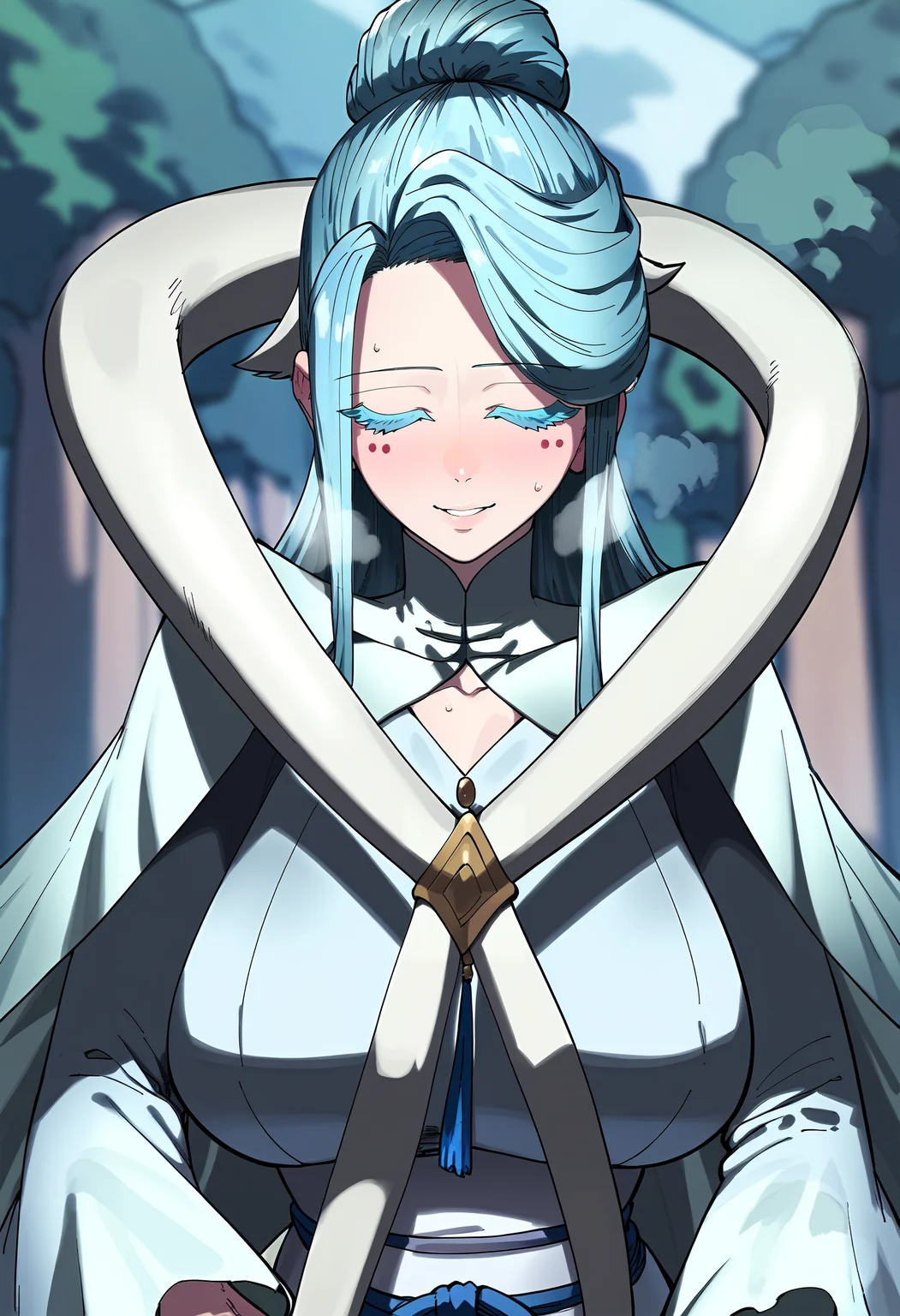 score_9, score_8_up, score_7_up, score_6_up, source_anime, rating_explicit, <lora:neg4all_bdsqlsz_V3.5:2.0>1girl, (solo:1.2), huge breasts, <lora:naeng-agbiponyxl:1> long hair, blue eyes, single hair bun, grey hair, colored eyelashes, sidelocks, blue hair, facial mark, smile, half-closed eyes, long sleeves, wide sleeves, sash, white dress, white cape, Narrow shoulders, heavy breathing, sweat, steaming body, forest, outdoor, looking at viewer, pov, (closed eyes:1.3), parted lips, (close-up:1.4), (pov:1.2)
