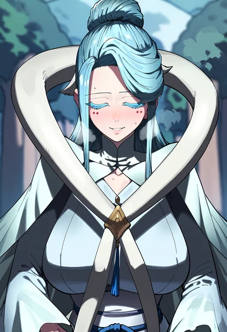 score_9, score_8_up, score_7_up, score_6_up, source_anime, rating_explicit, <lora:neg4all_bdsqlsz_V3.5:2.0>1girl, (solo:1.2), huge breasts, <lora:naeng-agbiponyxl:1> long hair, blue eyes, single hair bun, grey hair, colored eyelashes, sidelocks, blue hair, facial mark, smile, half-closed eyes, long sleeves, wide sleeves, sash, white dress, white cape, Narrow shoulders, heavy breathing, sweat, steaming body, forest, outdoor, looking at viewer, pov, (closed eyes:1.3), parted lips, (close-up:1.4), (pov:1.2)