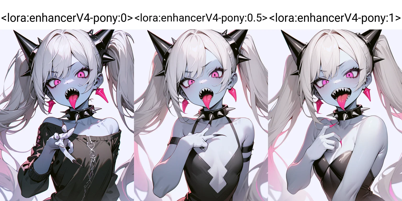 masterpiece,best quality,very aesthetic,absurdres,1girl,black choker,black eyes,choker,collar,colored skin,earrings,fingernails,forked tongue,jewelry,long fingernails,long hair,open mouth,pink eyes,sharp teeth,simple background,solo,spiked collar,spikes,teeth,tongue,tongue out,twintails,upper body,white background,white hair,white skin,<lora:enhancerV4-pony:0>,