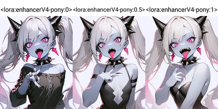 masterpiece,best quality,very aesthetic,absurdres,1girl,black choker,black eyes,choker,collar,colored skin,earrings,fingernails,forked tongue,jewelry,long fingernails,long hair,open mouth,pink eyes,sharp teeth,simple background,solo,spiked collar,spikes,teeth,tongue,tongue out,twintails,upper body,white background,white hair,white skin,<lora:enhancerV4-pony:0>,