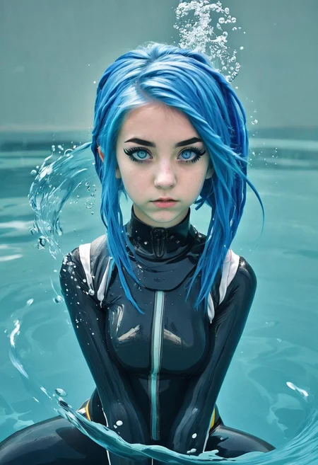 A scuba diver girl, scene girl, blue hair, eyeliner, Waterbending <lora:Waterbending-04:1.2>
