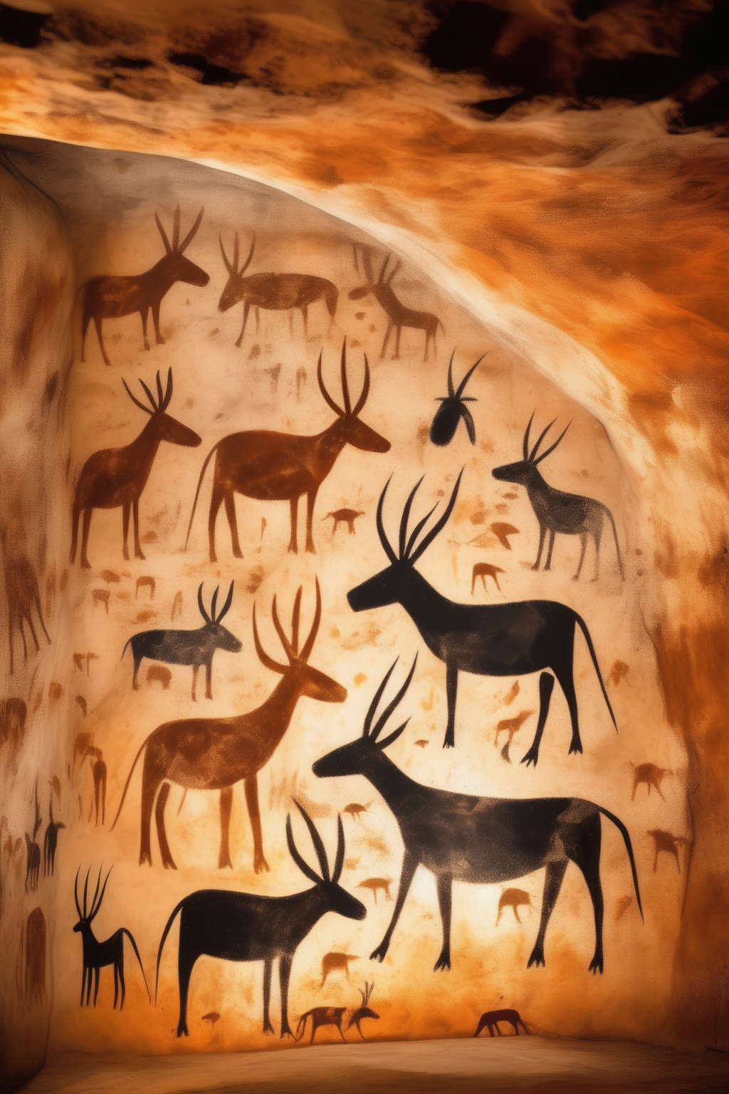 <lora:Lascaux:1>Lascaux - hyper realistic image of Neolithic simplistic primitive cave-painting of a silhouette of animals on a cave wall in prehistoric times. Cenozoic era