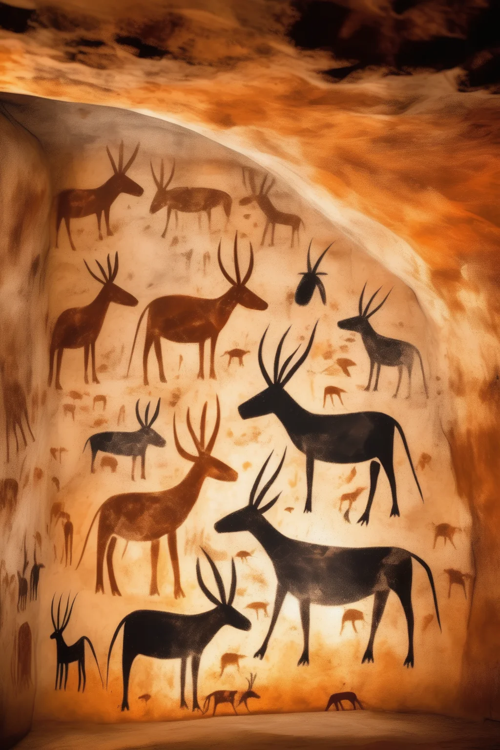 <lora:Lascaux:1>Lascaux - hyper realistic image of Neolithic simplistic primitive cave-painting of a silhouette of animals on a cave wall in prehistoric times. Cenozoic era