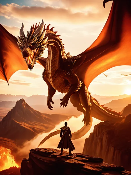 cinematic film still CG Dragon, describe this image in a very detailed manner. a man stands on a cliff, his back to the viewer, gazing at a colossal dragon with a fiery mane and sharp, pointed wings. the dragon, with its wings outstretched, looms over the landscape below, which is a tapestry of earthy tones and a river winding through the valley. the sky above is a canvas of sunset hues, with the sun's last light casting a warm glow over the scene, enhancing the dragon's majestic presence and the man's contemplative stance.<lora:CG Dragon World-000009:1>, . shallow depth of field, vignette, highly detailed, high budget, bokeh, cinemascope, moody, epic, gorgeous, film grain, grainy