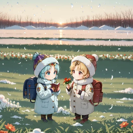 score_9,score_8_up,score_7_up,source_anime ,absurdres,detailxl,zPDXL3,
(Masterpiece:1.3),(best quality:1.2),high resolution,high quality,detailed,cute details, 2girls,(ultra HD quality details), anime, slightly chibi, bird girls, feathers, thick winter clothing, backpack, tall bird girl is buttoning up the winter coat of smaller bird girl, holding flower, holding book, (detailed image, high resolution, 5k resolution:1.0), Expressiveh, red sunset lighting, open field, crop field, light snow
<lora:ColorRoughSlider:-0.1>,
<lora:zy_Detailed_Backgrounds_v1:0.6>, basukechi_style