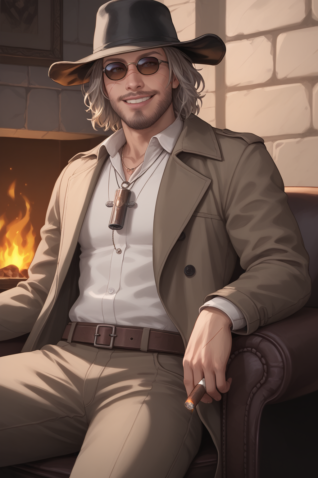 score_9, score_8_up, score_7_up, masterpiece, high quality, BREAK
 <lora:Karl HeisenbergPonyLoRA:0.8>krlheinbrg, long hair, beard, hat, necklace, scar, sunglasses, open coat, collared shirt, gloves, bandolier, belt, pants,cigar, sitting in an arm chair, chimney, fire, smile, relaxed