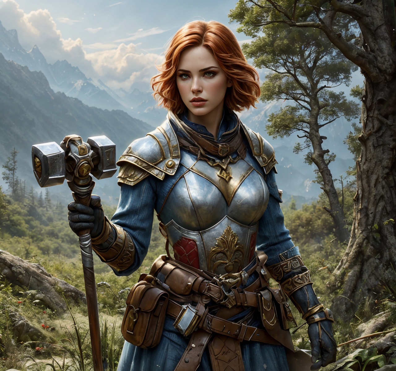 RAW photo, (masterpiece:1.3), subsurface scattering, heavy shadow, (high quality:1.4), (intricate, high detail:1.2), professional photography, HDR, High Dynamic Range, realistic, ultra realistic, photorealistic, high resolution, film photography, ambient lighting, atmospheric effects, <lora:detail_slider_v4:2>, OverallDetail, <lora:Clerics:0.8>, 1girl, belt, belt pouch, breastplate, cleric, red hair, upper body, gloves, hammer, jewelry, male focus, realistic, gloves, sky, solo, tree, warhammer