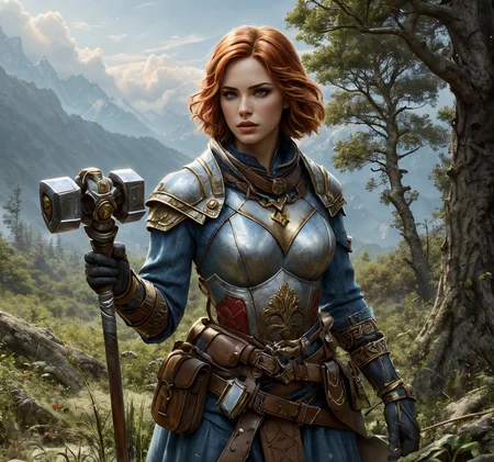 RAW photo, (masterpiece:1.3), subsurface scattering, heavy shadow, (high quality:1.4), (intricate, high detail:1.2), professional photography, HDR, High Dynamic Range, realistic, ultra realistic, photorealistic, high resolution, film photography, ambient lighting, atmospheric effects, <lora:detail_slider_v4:2>, OverallDetail, <lora:Clerics:0.8>, 1girl, belt, belt pouch, breastplate, cleric, red hair, upper body, gloves, hammer, jewelry, male focus, realistic, gloves, sky, solo, tree, warhammer