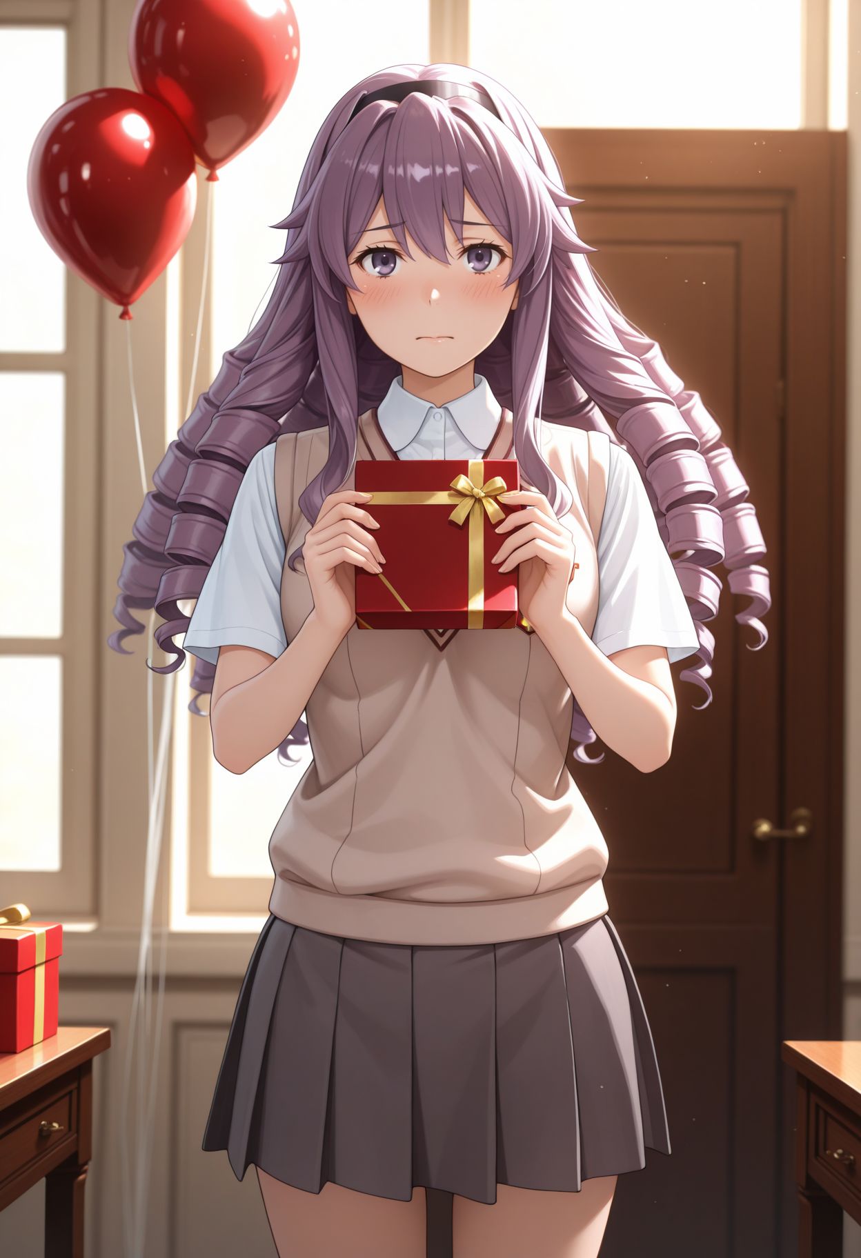 masterpiece,best quality,absurdres,highres,very aesthetic,high quality,detailed,insanely detailed,beautiful,perfect lighting, looking at viewer,
<lora:Hokaze Junko illu_2:1> 1girl, long hair, purple hair, hairband, purple eyes, drill hair, 
tokiwadai school uniform, summer uniform, brown sweater vest, white shirt, collared shirt, short sleeves pleated skirt, short sleeves, miniskirt, grey skirt,
 gift box, blush, valentine, looking at viewer, holding gift, balloon , indoors,