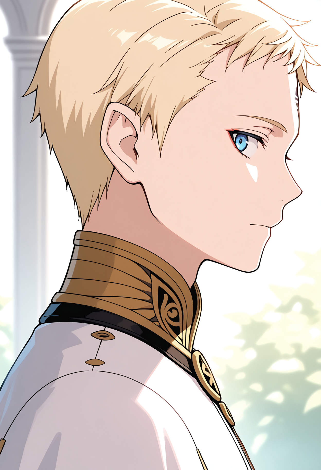 side view,
looking at viewer,portrait,
 <lora:LastExileLucciolaIL:1>, lucciola, 1boy, short hair, blonde hair, blue eyes, cape,
masterpiece,best quality,amazing quality,