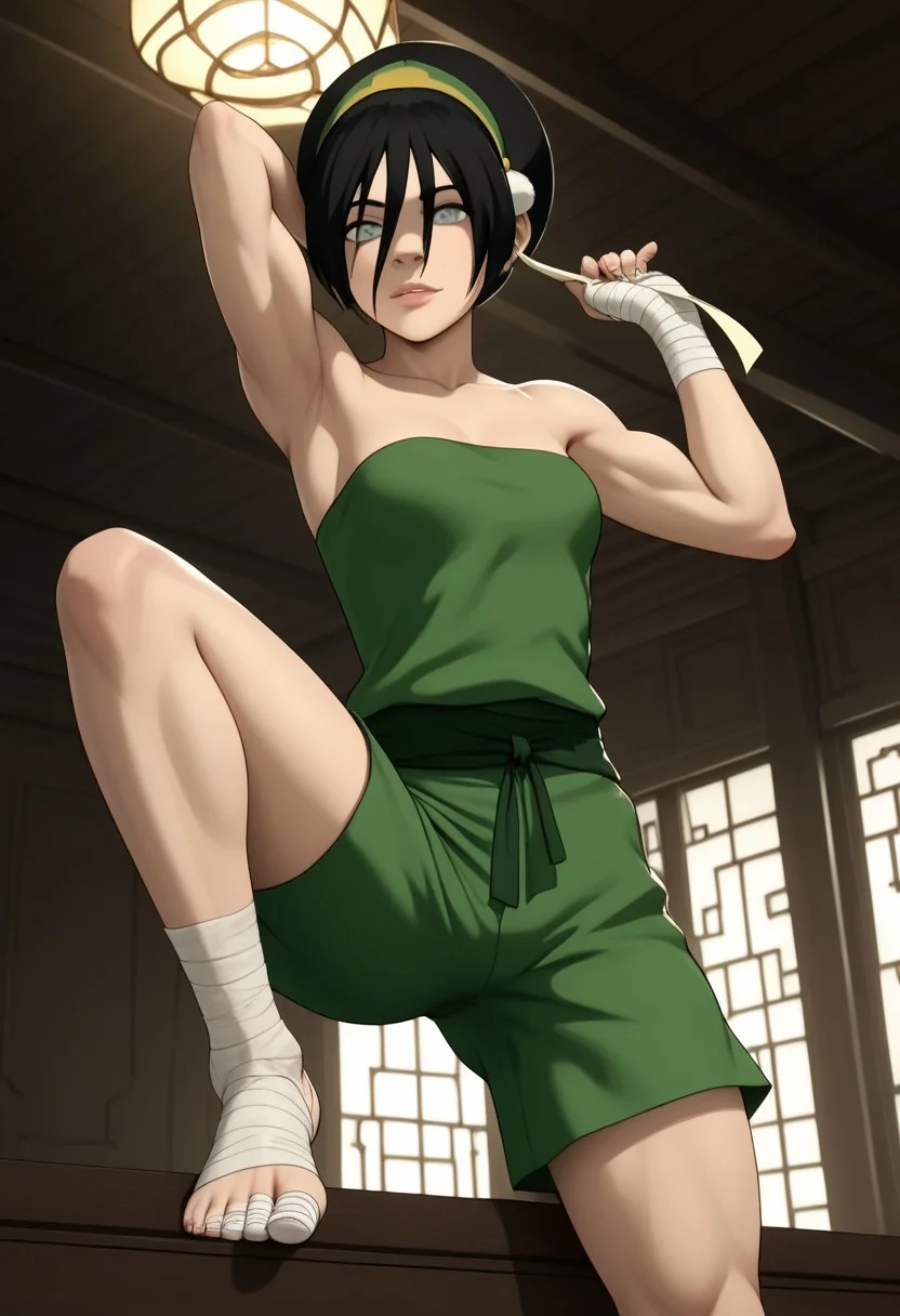 Score_9 score_8_up score_7_up masterpiece, perfect quality, amazing image, 4k, beautiful lighting, creative angle,
Dark green room, gothic earth kingdom interior, chinese style walls interior, royal carpet,
<lora:toph-beifong-book2book3-ponyxl-lora-nochekaiser:1>, toph beifong, black hair, hairband, blind, grey eyes, hair between eyes, short hair,
Perfect face, beautiful face, small breasts, petite, girl muscle, biceps, cute, hot, nice body,
Tight fitting green gym shorts, girls booty gym shorts, green tube top, bare upper body, sleeveless, armpits, strapless top, bandages on hands, bandages on feet,