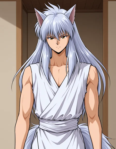 best quality, masterpiece, fox ears, y0k, youko kurama, kurama \(yu yu hakusho\), male focus, 1boy, solo, sleeveless, yellow eyes, simple background, tail, waist sash, indoors, <lora:yokokuramaillV1:0.75>