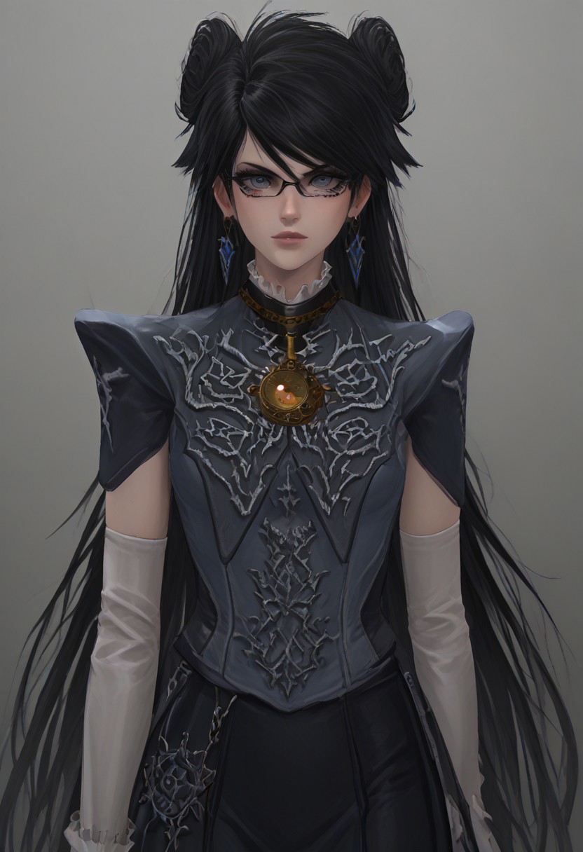 ,score_9, score_8_up, score_7_up,<lora:brawl_style_1_2_R:0.8>, 1girl, brawl, bayonetta 2, Black Hair, Very Long Hair, Epic Hair, Big Hair, Wavy Hair, Ponytail, Dual Bun, Brawl Stars Style, Blue Triangle Earrings, Gray Eyes, White Long Gloves, Long Sleeves, Black Skirt, Eyeglasses, Half Body, {{Sakimichan Style}}, source_anime