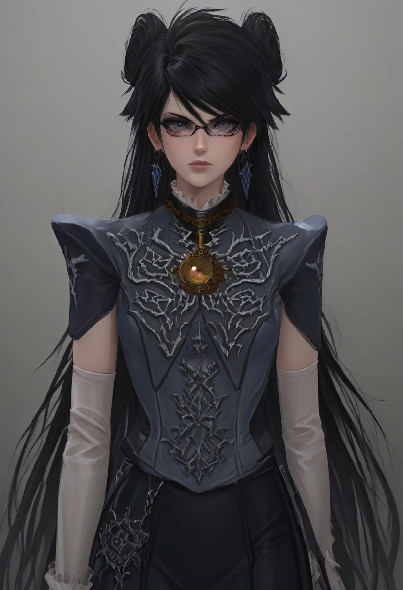 ,score_9, score_8_up, score_7_up,<lora:brawl_style_1_2_R:0.8>, 1girl, brawl, bayonetta 2, Black Hair, Very Long Hair, Epic Hair, Big Hair, Wavy Hair, Ponytail, Dual Bun, Brawl Stars Style, Blue Triangle Earrings, Gray Eyes, White Long Gloves, Long Sleeves, Black Skirt, Eyeglasses, Half Body, {{Sakimichan Style}}, source_anime