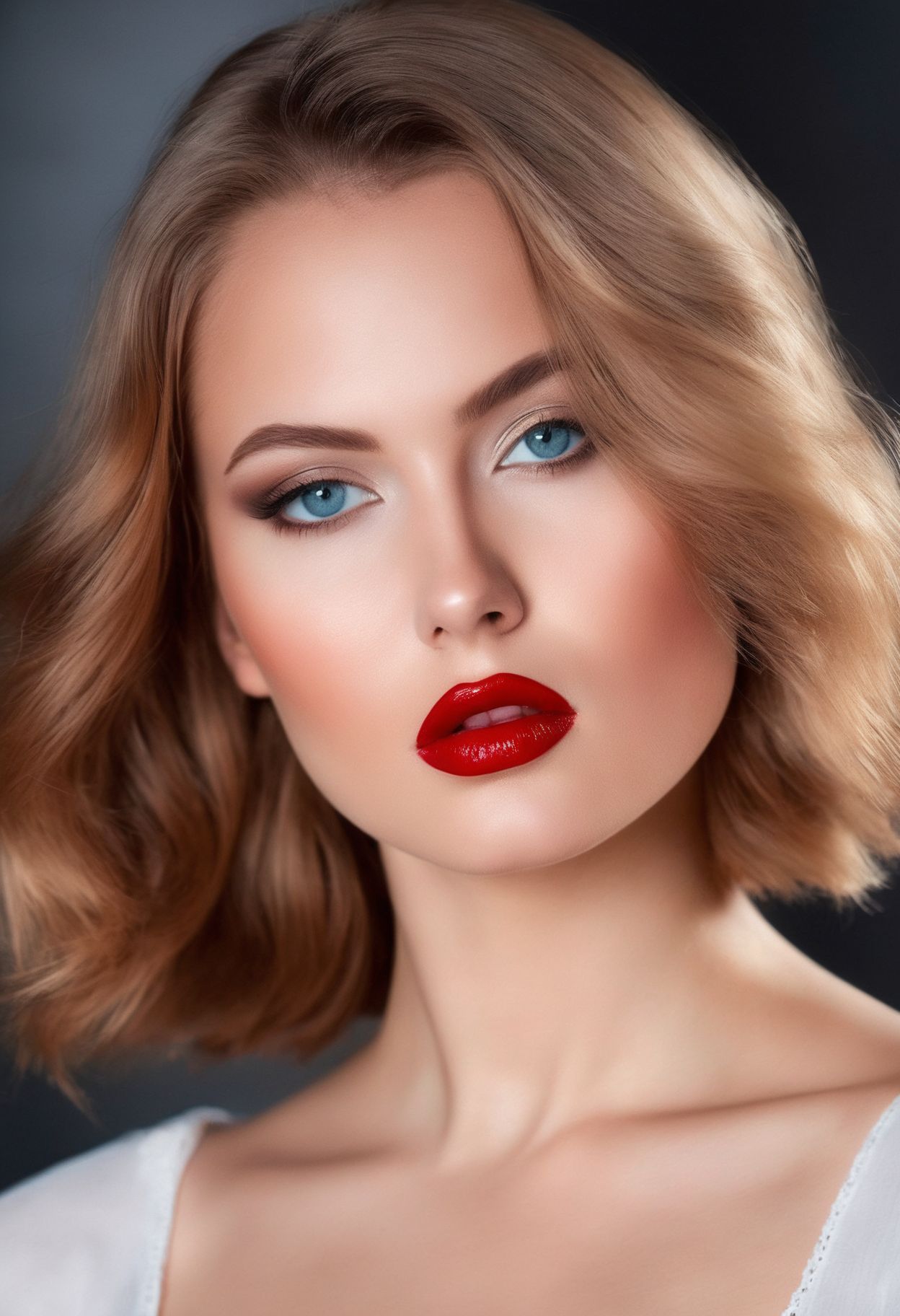 photo slavic woman, (provocative expression, hair glow, face closeup), glossy dark lipstick, blue eyes, ((soft focus, depth of field, film grain, looking at viewer)) <lora:EuroBabe-v4-XL:0.7>