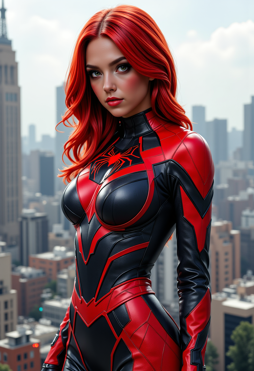 profile shots, full body view, photoshoot poses, dynamic angles, multiple angles, photoshoot poses;A photo of MJ_Marv3l, cosplaying as spiderman, is a digital illustration, playful, and whimsical. The image features a woman with red hair wearing a black and red spiderman suit. She is standing atop a building, in front of a cityscape, with buildings visible in the background. The woman is posing confidently, showcasing her costume and the spiderman logo on her chest. The overall composition of the image is dynamic and visually engaging, capturing the essence of the spiderman character. with a sense of action and adventure. Style: realistic hyper-detailed rendering, 32k UHD, expressive eyes, punk, graphic design, girl's face, pretty and cute, gleaming lips, telling a tale of adventure. Exuding confidence and serenity. The overall mood of the image is happy and relaxed,detailed skin texture,(blush:0.2),(goosebumps:0.3),subsurface scattering,with a playful and whimsical tone, retro50s_style,  detailed hand, perfect hands, aidmafluxpro1.1
