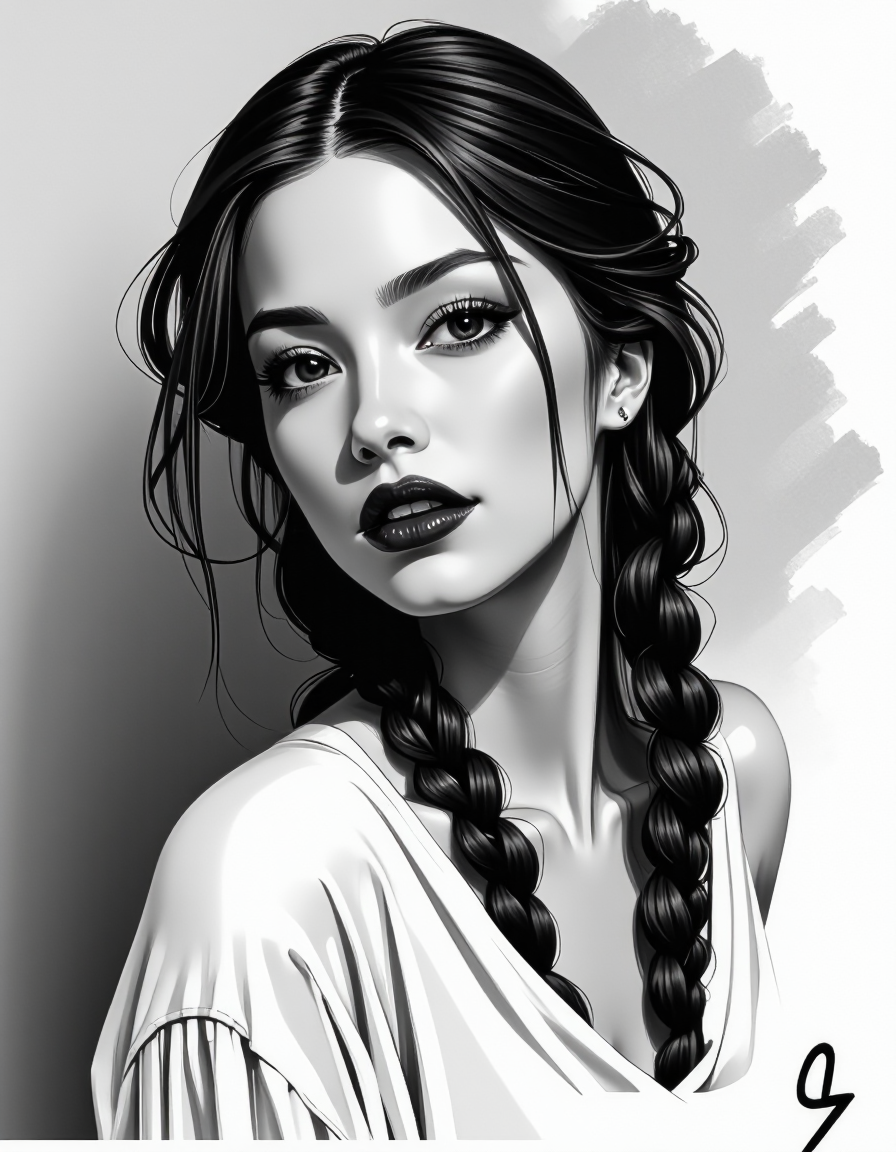 zavy-fnrt , This is a highly detailed, hyper-realistic black and white drawing of a young woman with a striking expression. She has a fair complexion, long, wavy hair styled in two braids that fall over her shoulders, and dark, expressive eyes that gaze directly at the viewer. Her lips are full and painted in a deep, rich shade of red, adding a dramatic contrast to the monochromatic background. She is partially draped in a loose, flowing garment that is rendered with soft, feathery strokes, giving it a delicate, almost ethereal texture. Her physique is slender, and she is posed in a three-quarter view, turning her head slightly to the left. The background is minimalistic and abstract, consisting of soft, smudged lines and gradients that emphasize the subject without distracting from her features. The overall style of the drawing is highly realistic, with meticulous attention to detail in the textures and shadows, creating a sense of depth and realism. The image conveys a sense of intimacy and sensualism. <lora:ck-greasepencil__:1> <lora:Add_More_details_Flux:1>