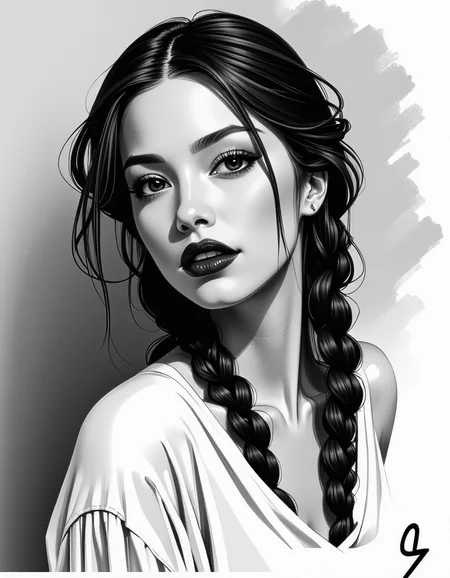 zavy-fnrt , This is a highly detailed, hyper-realistic black and white drawing of a young woman with a striking expression. She has a fair complexion, long, wavy hair styled in two braids that fall over her shoulders, and dark, expressive eyes that gaze directly at the viewer. Her lips are full and painted in a deep, rich shade of red, adding a dramatic contrast to the monochromatic background. She is partially draped in a loose, flowing garment that is rendered with soft, feathery strokes, giving it a delicate, almost ethereal texture. Her physique is slender, and she is posed in a three-quarter view, turning her head slightly to the left. The background is minimalistic and abstract, consisting of soft, smudged lines and gradients that emphasize the subject without distracting from her features. The overall style of the drawing is highly realistic, with meticulous attention to detail in the textures and shadows, creating a sense of depth and realism. The image conveys a sense of intimacy and sensualism. <lora:ck-greasepencil__:1> <lora:Add_More_details_Flux:1>