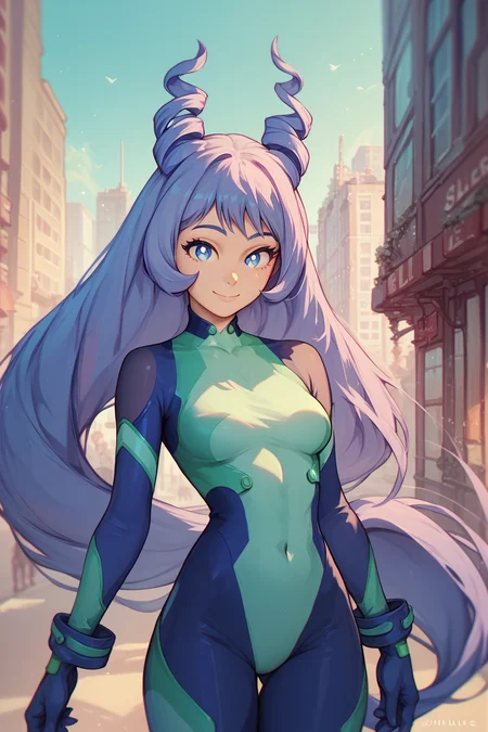 <lora:last:1>, score_9, score_8_up, score_7_up, score_6_up, slimes_nejire, woman, solo, bodysuit, waist up shot, city background, smiling
