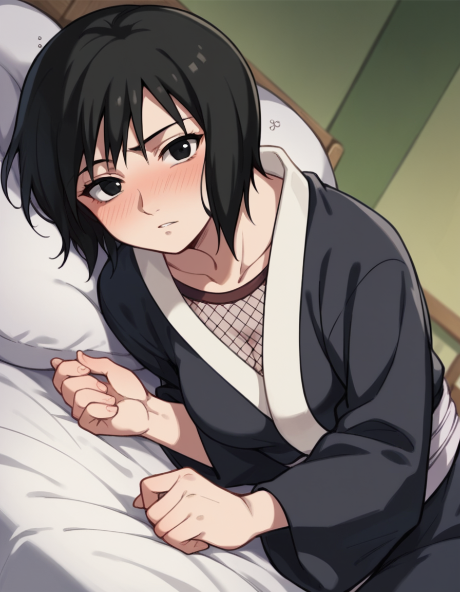 score_9, score_8_up, score_7_up, source_anime, <lora:shizune-s2-ponyxl-lora-nochekaiser:1>, shizune, short hair, black hair, black eyes, medium breasts,, long sleeves, collarbone, japanese clothes, fishnets,, indoors, bed, bed room, on side, blush, drunk, looking at viewer, solo,, cowboy shot, dutch angle