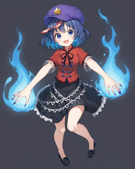miyako yoshika,1girl, solo, star_\(symbol\), white_background, open_mouth, hitodama, full_body, ofuda, short_sleeves, black_skirt, star_hat_ornament, simple_background, jiangshi, sharp_fingernails, red_shirt, cabbie_hat, black_ribbon, black_footwear, zombie_pose, blue_fire, long_fingernails, wide_sleeves, purple_headwear, looking_at_viewer, lace-trimmed_sleeves, nail_polish, neck_ribbon, tangzhuang, teeth, medium_breasts, smile
<lora:miyako_yoshika_image2483_2023-12-20:1>,star-shaped_pupils,symbol-shaped_pupils,. gorgeous,key visual, vibrant, studio anime,award-winning, professional, highly detailed,high budget, cinemascope