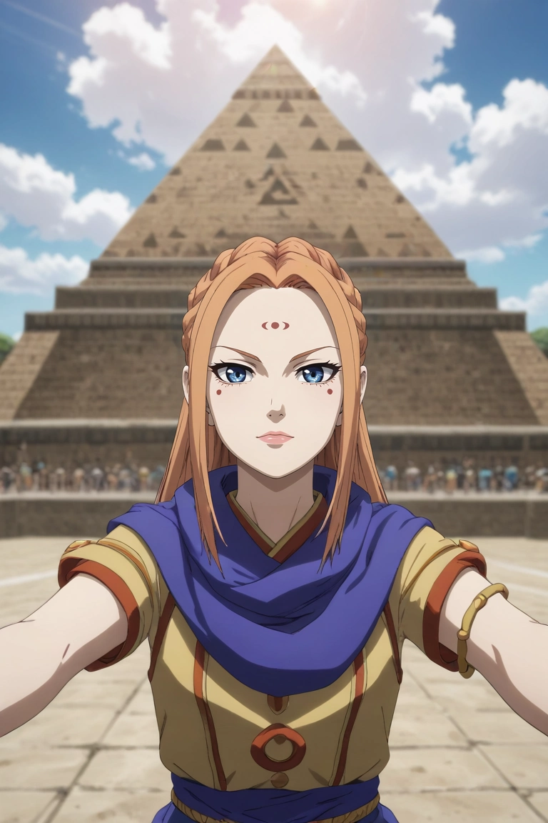 score_9, score_8_up, score_7_up, , rating_safe, , (3d:0.4), , depth of field, 1girl, solo, <lora:yang_duanhe_pony:0.76>, yang_duanhe, orange hair, blue eyes, aged down, long hair, facial mark, forehead mark, braid, wide angle, wide shot, full body, pyramid, day, clouds, outstretched arms, sparkling eyes, , <lora:sdxl_lightning_8step_lora:1>