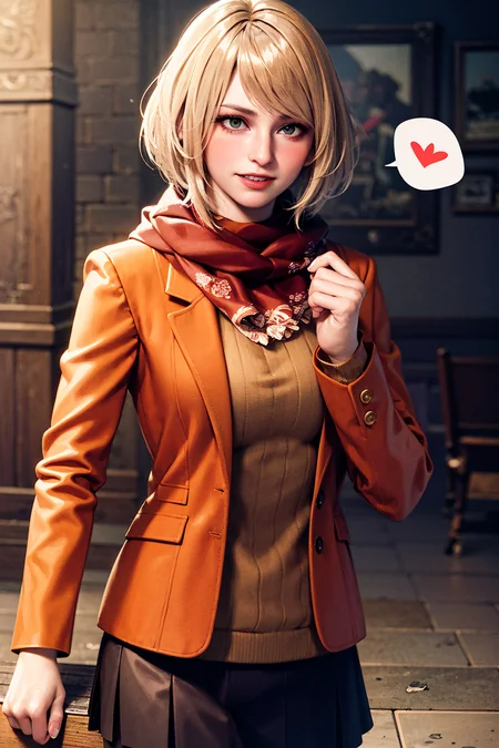 1girl, cowboy shot of re4ashley, smile, teeth, blush, spoken heart, orange jacket, scarf, black skirt, athletic, dark old room, volumetric lighting, best quality, masterpiece, intricate details, tonemapping, sharp focus, hyper detailed, trending on Artstation, realistic, <lora:sxz-ashley-graham:0.6>