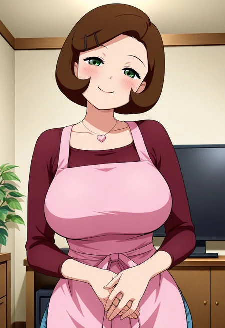 score_9,score_8_up,score_7_up,score_6_up,best quality,masterpiece, (background is living room), 1girl, solo, cowboy shot,
BREAK
yuuko_akikawa, brown hair, bob cut, red sweater, pink apron, hair ornament, heart necklace, green eyes, large breasts, half-closed eyes, smile, blush, looking at viewer, own hands together, head tilt,