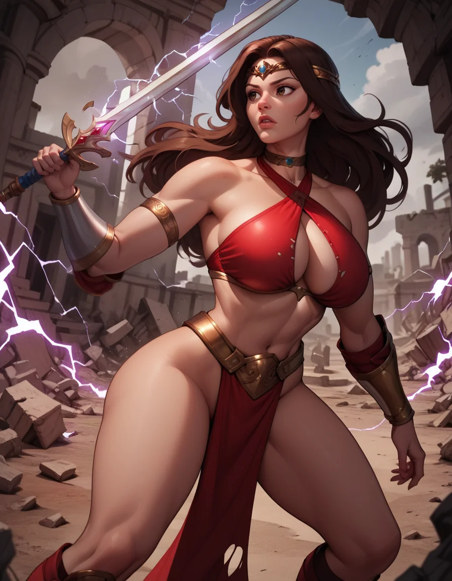 score_9, score_8_up, score_7_up,score_6_up, score_5_up, score_4_up , 1girl,
large breasts,
tflaredg,
long hair, brown hair, brown eyes,
bracer, pelvic curtain, armor, choker, circlet,
red armor, red bikini, criss-cross halter,
fighting stance, holding sword, battle, magic,
torn clothes,
ruins, debris, electricity,
<lora:Tyris Flare PonyXL v01-000002:1>