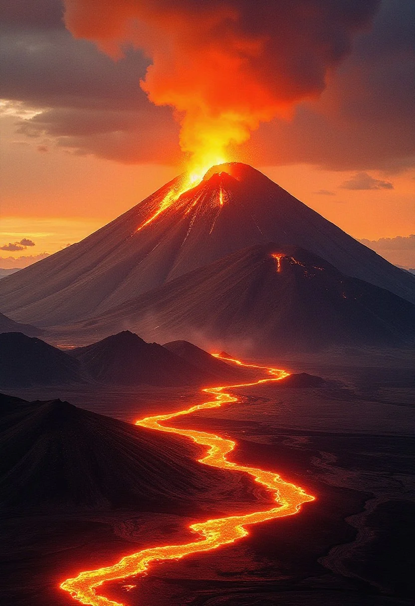 renaissance-style oil painting, masterpiece, of a desolate, volcanic landscape, a volcano violently erupting, lava lakes, waterfall of lava, sunset, dynamic