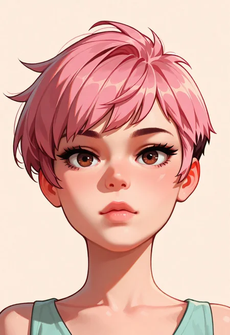 chibi, high contrast, masterpiece, best quality, amazing quality, very aesthetic, retro artstyle, realistic, promotional art, newest, volumetric lighting.
(artist:incase:0.5), (artist:tsuaii:0.5), color theory,
1girl, face, solo, straight-on, focus on face, front view, portrait, Pixie cut, pink hair, brown eyes, luminescent background, simple background.