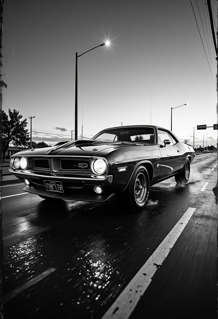 A nostalgically crafted relic of the past, a meticulously restored deep Monochrome pearlescent classic 60's muscle car cruises through the dusk streets with an intimidating elegance. The vintage vehicle gleams with a lustrous sheen, showcasing its aerodynamic lines and sharp accents as it cruises along the asphalt. This evocative scene is captured in a vividly detailed oil painting, where every brushstroke highlights the car's classic styling and pristine condition. Impeccably rendered, this image transports viewers to a bygone era of automotive luxury and style. secretlab, black and white
