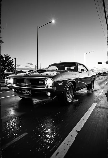 A nostalgically crafted relic of the past, a meticulously restored deep Monochrome pearlescent classic 60's muscle car cruises through the dusk streets with an intimidating elegance. The vintage vehicle gleams with a lustrous sheen, showcasing its aerodynamic lines and sharp accents as it cruises along the asphalt. This evocative scene is captured in a vividly detailed oil painting, where every brushstroke highlights the car's classic styling and pristine condition. Impeccably rendered, this image transports viewers to a bygone era of automotive luxury and style. secretlab, black and white